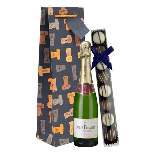 Half Bottle of Jules Feraud Champagne 37.5cl & Fine Artisanal Truffles Gift Bag